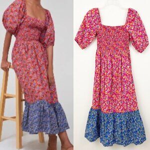 House of Harlow 1960 Floral Smocked Square Neck Midi Dress Size XS Tiered Cotton